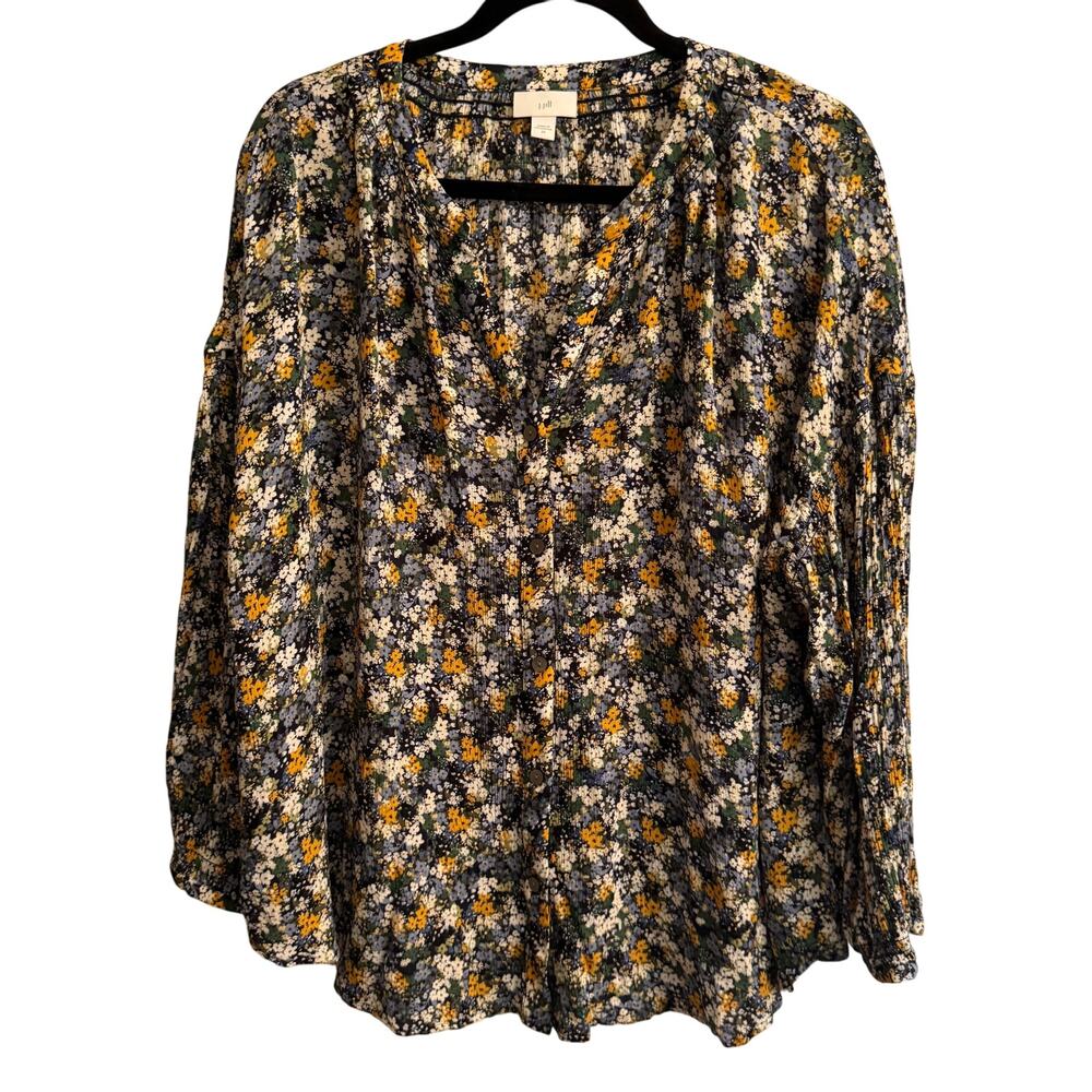 J. Jill Textured Blue Yellow Floral Top Blouse Front Button Long Sleeve Sz 2X